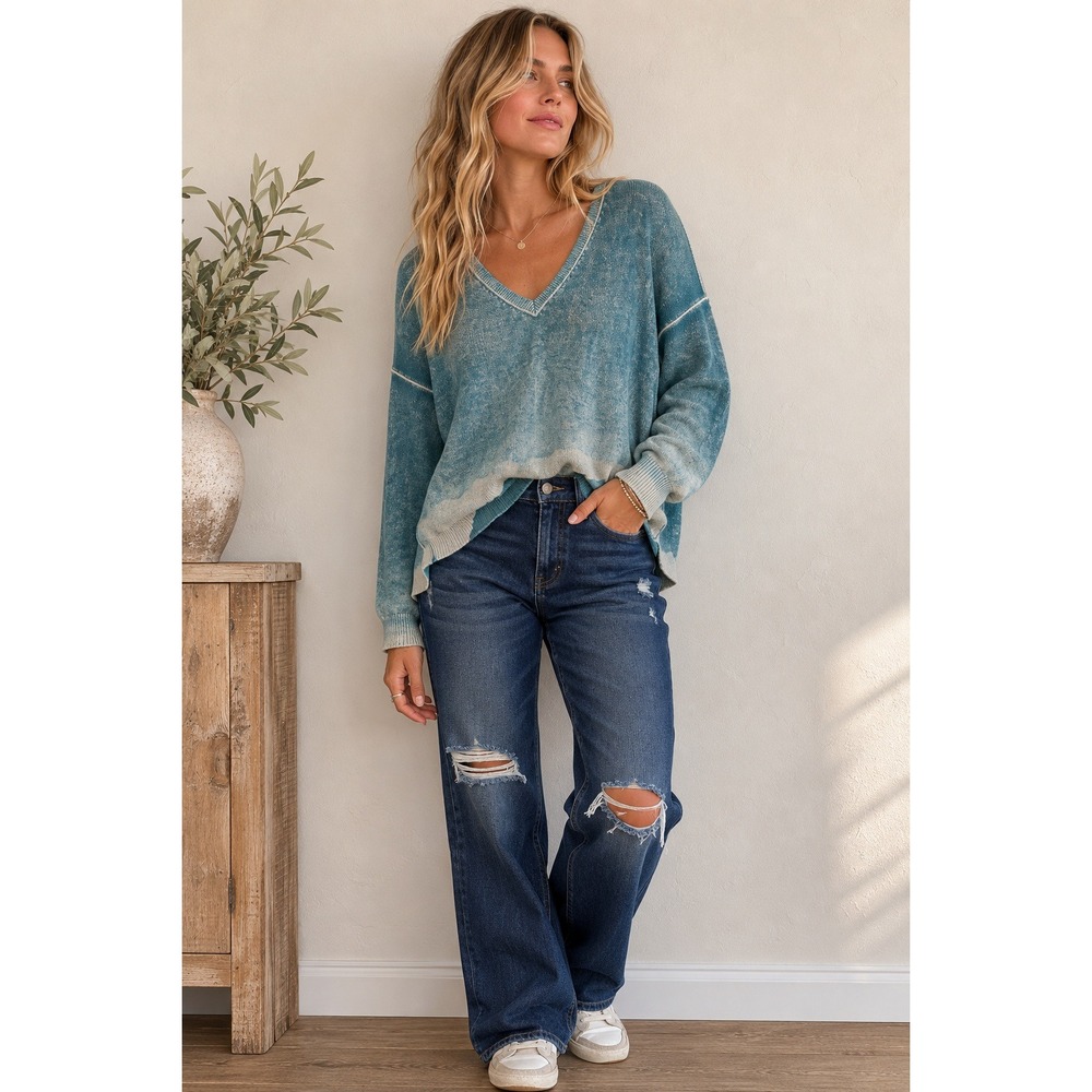 Sundance NWT Womens Teal Blue Mineral Wash Cotton Oversized Sweater M soft girl
